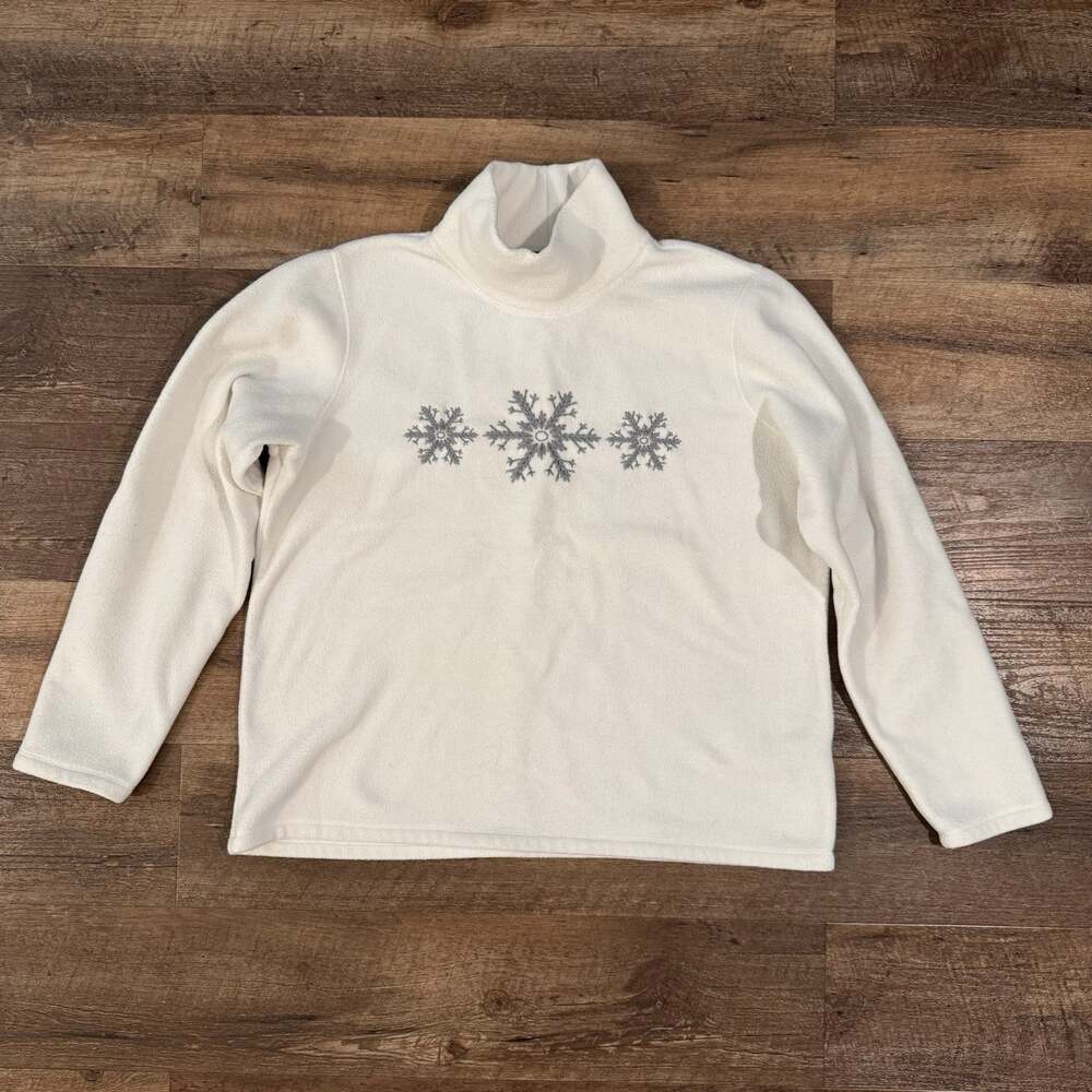 Lands End L 14-16 Ivory Winter Snowflake Embroidery Fleece Pullover Sweater